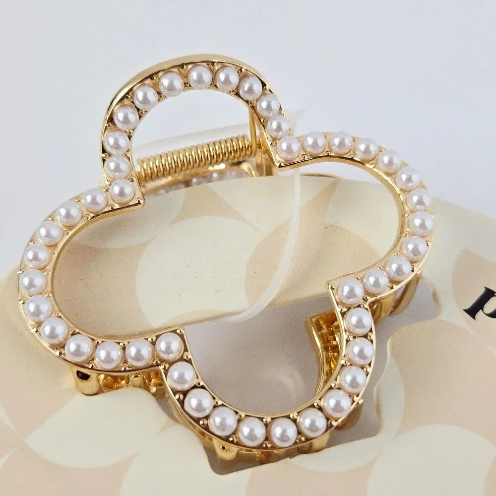 3 Pc Piper K Hair Clip Gold Tone Clover Shape Set Metal Jaw Clip Boho Elegant